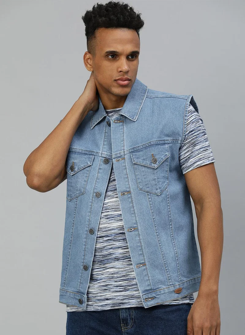 Urbano Fashion Men's Light Blue Regular Fit Washed Sleeveless Denim Jacket